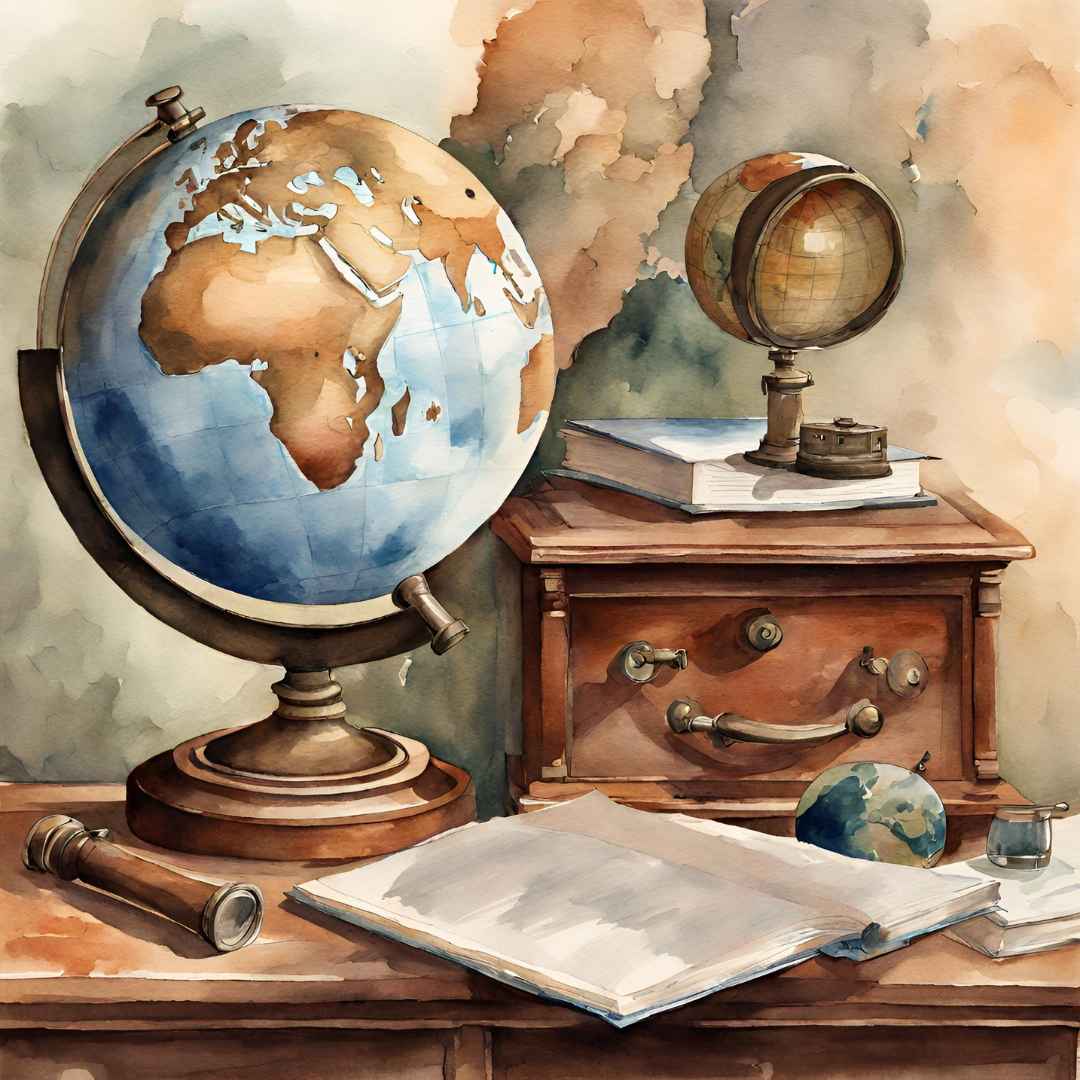 Active Travel Groups A watercolour picture of a globe sitting on a sideboard with an old book and a telescope close by